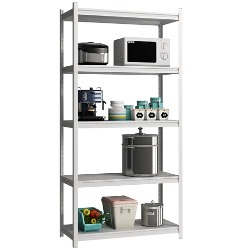 5 Tier Metal Storage Shelves Adjustable Garage Shelving, Heavy Duty Industrial Utility Rack Organization for Kitchen, Pantry, Closet, Garage, Office (White) - color: White-S 5 Tier