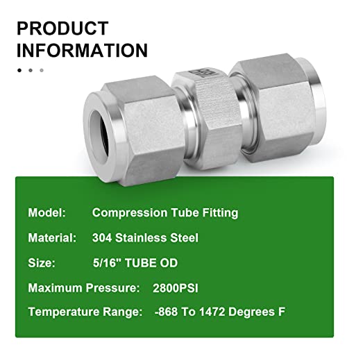 TAISHER 2PCS Forging of 304 Stainless Steel Compression Tube Pipe Fitting Connector(Thread Silver Plated), 5/16" Tube OD x 5/16" Tube OD Straight Adapter - size: 5/16" OD, style: OD x OD