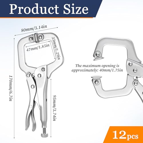 12 Pcs C Clamp Locking Pliers 6 Inch Heavy Duty Welding Pliers with Swivel Pads Adjustable Vise Grip Clamp for Shop Woodworking Cabinetry Repair Home Farm and Auto Workshop