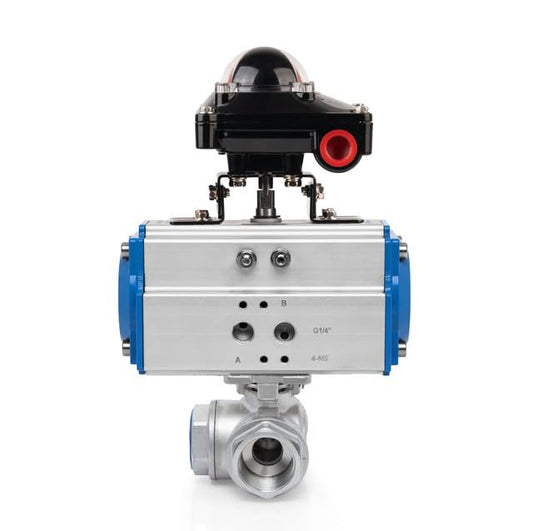 UNOX 1-1/2" Double Acting Pneumatic Actuated T Port 3 Way Ball Valve, SS304 Stainless Steel, Threaded NPT With Limit Switch Box, Industrial Use - color: With Limit Switch Box, size: 1 1/2"