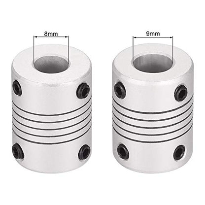 uxcell 8mm to 9mm Aluminum Alloy Shaft Coupling Flexible Coupler Motor Connector Joint L25xD19 Silver,2pcs