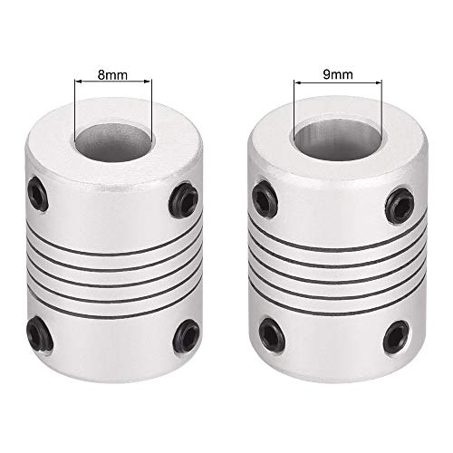 uxcell 8mm to 9mm Aluminum Alloy Shaft Coupling Flexible Coupler Motor Connector Joint L25xD19 Silver,2pcs