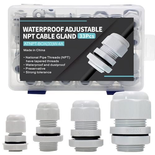 33PCS Cable Gland Waterproof Kit, IP68 Nylon PA66 Strain Relief Cord Grips, 1/4" 3/8" 1/2" 3/4" NPT Adjustable Locknut for 3-18mm Wire, Electrical Conduit Fitting for Outdoor, Industrial & Marine - color: Gray, size: 33pcs-Kit box