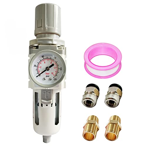 3/8" NPT Air Filter Pressure Regulator Combo Water Separator For Air Compressor Line Semi-Auto Drain 5 Micron Brass Element 0-150 psi Gauge - size: 3/8" NPT