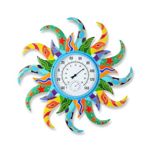 Large Blue Sun Outdoor Thermometer & Hygrometer Combo, 25'' Indoor Outdoor Wall-Mounted Thermometer Gauge, Decorative Indoor Outside Temperature Thermometer for Patio, Garden, Living Room,Kitchen
