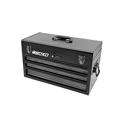 Boxo USA 3-Drawer Hand Carry Toolbox – Heavy Duty 20-Gauge Steel Portable Tool Box with Ball Bearing Drawers, Dual Key & Combination Lock, Powder-Coated Finish (Black) - color: Black