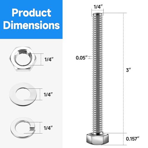 (12 Sets) 1/4-20 Bolt, 1/4-20 x 3 Hex Head Screws Bolts and Nuts Kit with 1/4-20 Nuts, Flat & Lock Washers, Fully Threaded, 1/4 20 Stainless Steel Bolts, Bright Finish by Marysino - color: (Silver)-1/4, size: 3"