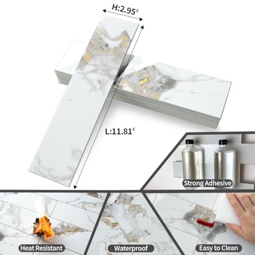AULIGET 40-Piece Polished White Marble with Gold Peel and Stick Backsplash Wall Tiles, 3" x 12" PVC Faux Stone Stick on Tiles for Backsplash Kitchen, Bathroom, Laundry Room, Camper, Fireplace - color: Polished White Marble & Gold, size: 40 Pieces, 3"x12"x