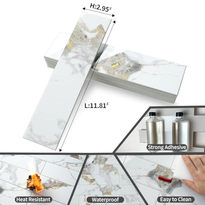 AULIGET 40-Piece Polished White Marble with Gold Peel and Stick Backsplash Wall Tiles, 3" x 12" PVC Faux Stone Stick on Tiles for Backsplash Kitchen, Bathroom, Laundry Room, Camper, Fireplace - color: Polished White Marble & Gold, size: 40 Pieces, 3"x12"x