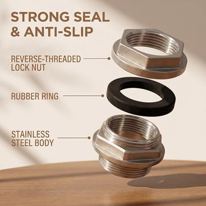 2 PCS Stainless Steel Water Tank Connector, 3/4 Inch Water Tower Fish Tank Adapter,Female Thru-bulk Fitting Bulkhead for Home & Garden - size: 3/4 Inches
