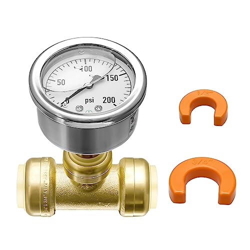 3/4 Inch Push to Connect Pressure Gauge Tee,0-200psi Fuel Liquid Pressure Gauge, Stainless Steel Vibration Proof