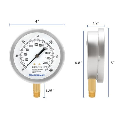 MEASUREMAN 3.5" Fire Sprinkler Pressure Gauge, 0-300 PSI, 1/4" NPT - size: 0-300psi