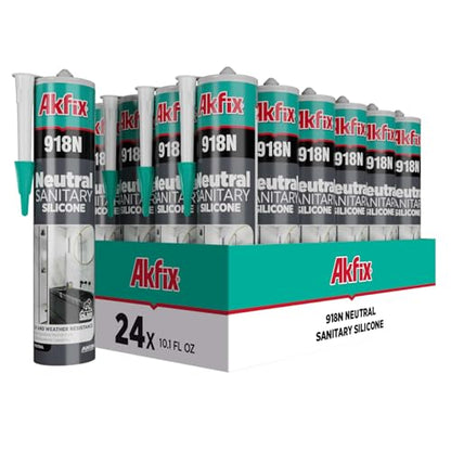 Akfix 918N White 100% Silicone Caulk for Kitchen and Bathroom (24x10.5 fl.oz.) - Solvent-Free, Low Odor, UV & Water Resistant, Fast Curing, Non-sag, High Elasticity Silicone Sealant | White, 24 Pack - size: 24 Pack, style: Kitchen&Bath Silicone-White