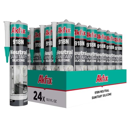 Akfix 918N White 100% Silicone Caulk for Kitchen and Bathroom (24x10.5 fl.oz.) - Solvent-Free, Low Odor, UV & Water Resistant, Fast Curing, Non-sag, High Elasticity Silicone Sealant | White, 24 Pack - size: 24 Pack, style: Kitchen&Bath Silicone-White