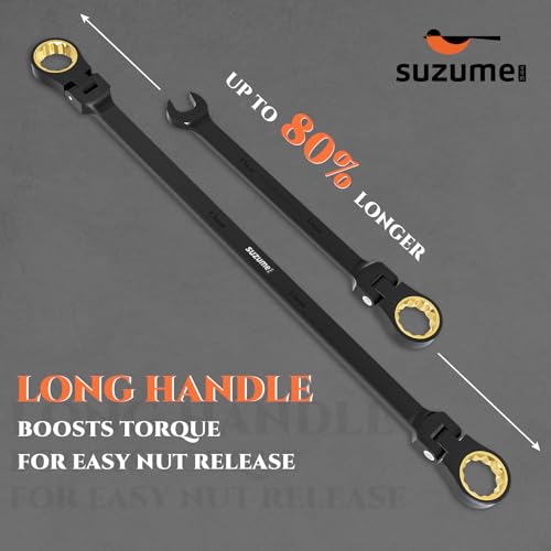SUZUME Extra Long Flex Head Ratcheting Wrench 12-13mm Metric Double Box End 180° Flexible Head 72-Tooth 15K Gear Tested CR-V Steel Black Chrome Finish For Automotive Plumbing and Bicycle Repair - size: 12-13mm