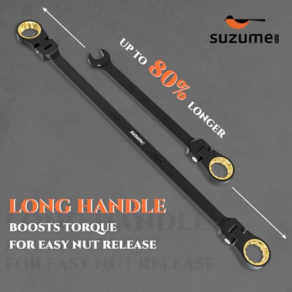 SUZUME Extra Long Flex Head Ratcheting Wrench 12-13mm Metric Double Box End 180° Flexible Head 72-Tooth 15K Gear Tested CR-V Steel Black Chrome Finish For Automotive Plumbing and Bicycle Repair - size: 12-13mm