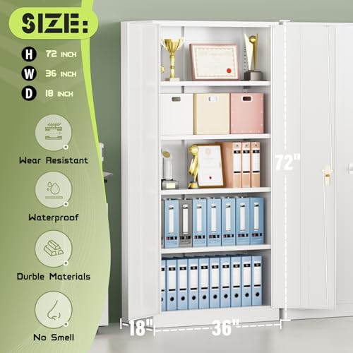 Oakmont Metal Storage Cabinet for Tool Organization, 72" Lockable Garage Storage Cabinets with 2 Doors and 4 Adjustable Shelves, Locking File Cabinet for Office, Home, School (72“ Wide-White) - color: White, size: 72" H x 36" W x 18" D
