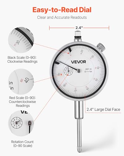 VEVOR Dial Test Indicator, 0.001 inch Accuracy, 0-1 inch Measuring Range, Easy to Read Large Dial, Professional for Internal Diameter Measurement, Runout Detection, Flatness Inspection