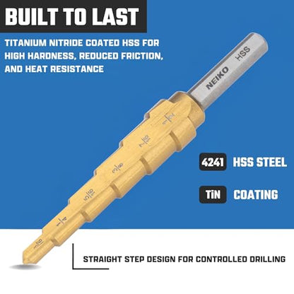 NEIKO 10183A Step Drill Bit, 6 Steps 3/16” to 1/2” Straight High Speed Steel, Titanium Nitride Coated, 1/4” Tri Flat Step Bits for Steel, Metal, Wood, Plastic, Unibit Cone Drill Bits, Two Flute - size: #2 (3/16 - 1/2", 6S), style: Straight