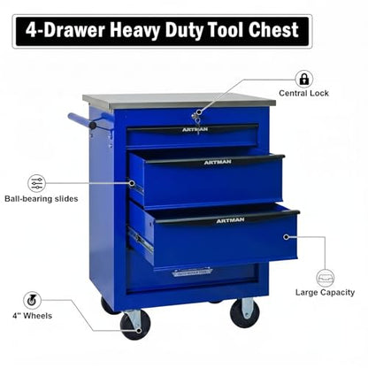 Rolling Tool Chest,Stainless Steel Worktop,Blue,4‑Drawer - color: Blue, size: 4-Drawers