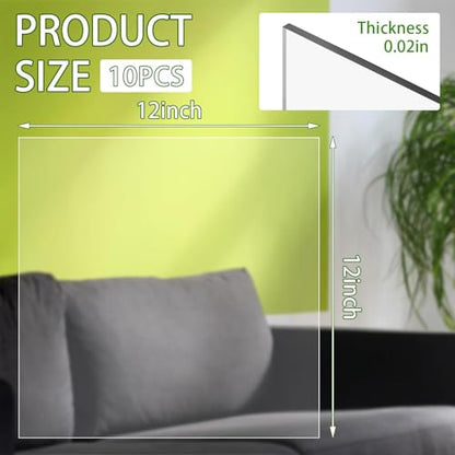 Clear Plastic Sheet, 10 PCS 12" x 12" x 0.02 Plexiglass Sheets,Clear PET Sheet Panels, Clear Acrylic Plastic Sheet for Picture Frame, Invitations, Poster Frames