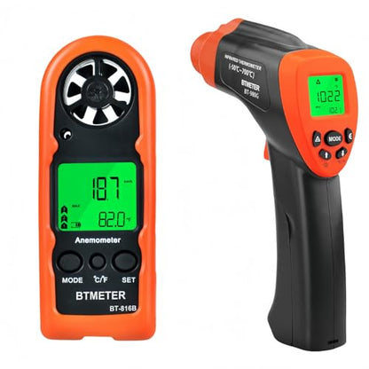 BTMETER Mini Anemometer Digital Air Flow Meter & Infrared Thermometer (-58℉-1292℉)(Not for Human Temp)