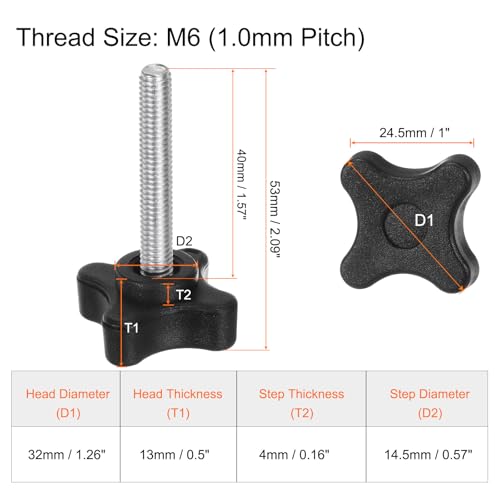 HARFINGTON 6pcs Star Clamping Knobs M6 x 40mm Metric Male Thread 32mm 4-Point Plastic Head Threaded Stud Knob Hand Tightening Thumb Screw Jig Handle, Black - size: M6 x 40mm x 32mm