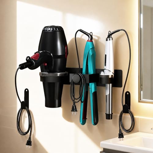 Hair Dryer Holder Wall Mounted, Blow Dryer Holder with Plug&Cord Organizer