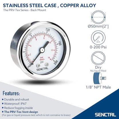 SENCTRL 0-200 Psi Pressure Gauge, 1/8" NPT Back Mount - size: 0-200Psi, style: Back Mount (1/8" NPT)