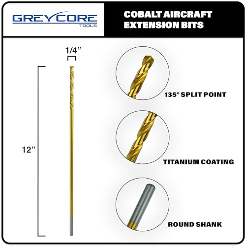 Greycore Tools 1/4 Inch x 12 Inch Cobalt Aircraft Extension Bit – M35 Cobalt Drill Bit, Industrial Titanium Coating – Drill Bits for Steel, Hard Metal, Cast Iron, Wood, Plastic (1/4" x 12") - size: 1/4" x 12", style: 12" Length