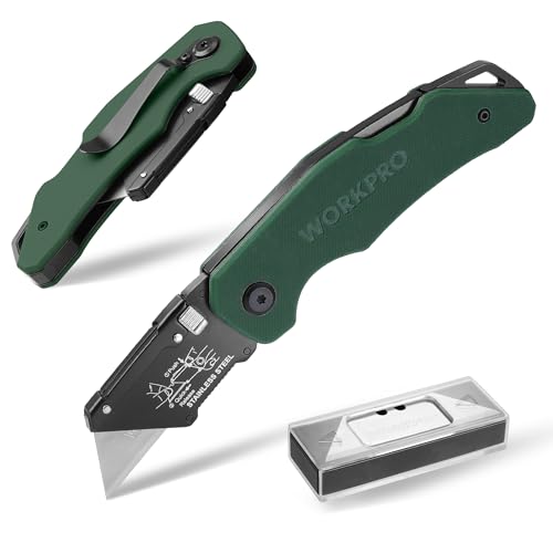 WORKPRO Folding Utility Knife G10 Handle with Stainless Steel Head, Quick-change Blade & Back Lock, Heavy Duty Box Cutter, 1PC Razor Knife with Extra 10PC SK5 Blades - color: Green G10