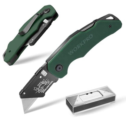 WORKPRO Folding Utility Knife G10 Handle with Stainless Steel Head, Quick-change Blade & Back Lock, Heavy Duty Box Cutter, 1PC Razor Knife with Extra 10PC SK5 Blades - color: Green G10