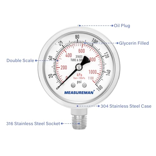 MEASUREMAN Fully Stainless Steel Hydraulic Glycerin Filled Pressure Gauge, 2-1/2" Dial Size,0-160psi/kpa,1/4" NPT Lower Mount - size: 0-160 psi, style: Lower Mount(100% Stainless Steel)