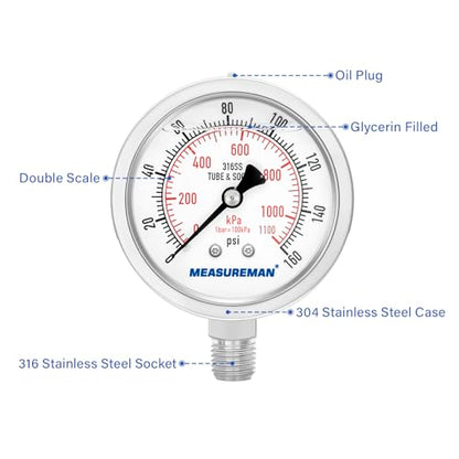 MEASUREMAN Fully Stainless Steel Hydraulic Glycerin Filled Pressure Gauge, 2-1/2" Dial Size,0-160psi/kpa,1/4" NPT Lower Mount - size: 0-160 psi, style: Lower Mount(100% Stainless Steel)