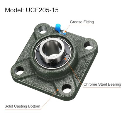 uxcell 2pcs UCF205-15 Pillow Block Bearings 15/16 inch Bore Self Alignment, Solid Cast Iron Base Square Flange Mounted Chrome Steel Bearings - size: UCF205-15