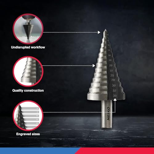 NEIKO 10198A Step Drill Bit Set | 5 Piece, 4mm- 35mm | Metric Titanium High Speed Steel Unibit, Stepper Cone Drill Bit | Two Flute Step Down Bits, 135 Degree Point - size: 5pc (5/32 - 1-3/8", 44S), style: Straight