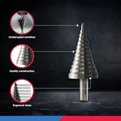 NEIKO 10198A Step Drill Bit Set | 5 Piece, 4mm- 35mm | Metric Titanium High Speed Steel Unibit, Stepper Cone Drill Bit | Two Flute Step Down Bits, 135 Degree Point - size: 5pc (5/32 - 1-3/8", 44S), style: Straight