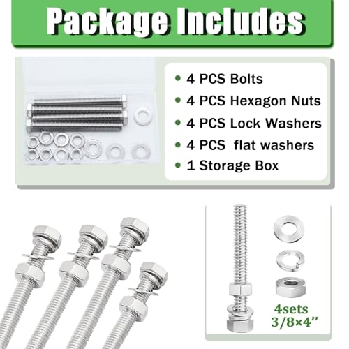 4 Sets 3/8-16 x 4 Stainless Steel Hex Head Screws Bolts, Nuts, Flat & Lock Washers,18-8(304) Full Thread - color: Silver-hex, size: 3/8-16×4"(4 sets)
