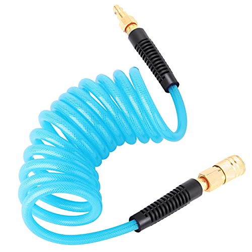 TAISHER 1/4" x 25FT Reinforced Polyurethane Recoil Air Hose With 1/4”NPT Brass air coupler and Plug & Bend Restrictors - size: 25FT