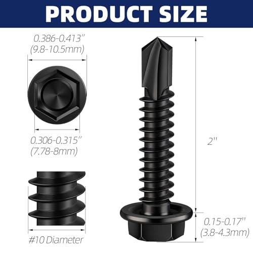 #10 x 2 Hex Washer Head Self Drilling Sheet Metal Screws with Drill Point, 410 Stainless Steel Self Tapping Screws for Metal, Black Oxide, 50 PCS - color: Black, size: #10 x 2"