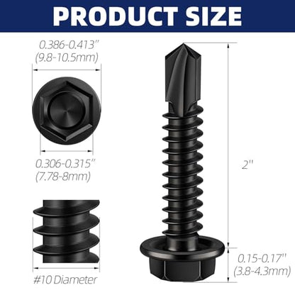 #10 x 2 Hex Washer Head Self Drilling Sheet Metal Screws with Drill Point, 410 Stainless Steel Self Tapping Screws for Metal, Black Oxide, 50 PCS - color: Black, size: #10 x 2"