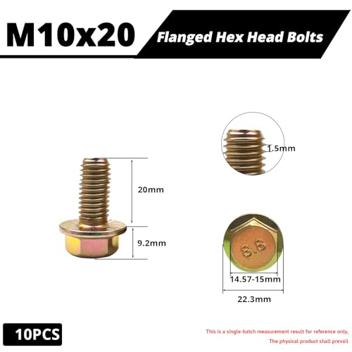 M10-1.5 x 20mm Flanged Hex Head Bolts, Flange Hexagon Head Screws, 8.8 Grade Alloy Steel, Yellow Zinc Plated, Fully Threaded Metric Screws, 10 Pack - size: M10x20mm (10PCS)