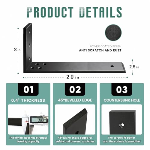 Countertop Support Brackets 4 Pack L Bracket Countertop Brackets 20" x 8" x 2.5" Heavy Duty 3/8" Thick Shelf Brackets Metal Corbels L Shape Bracket for Wood Shelf/Quartz/Granite/Concret Countertops - size: 20 Inch, style: Black-4 Pack
