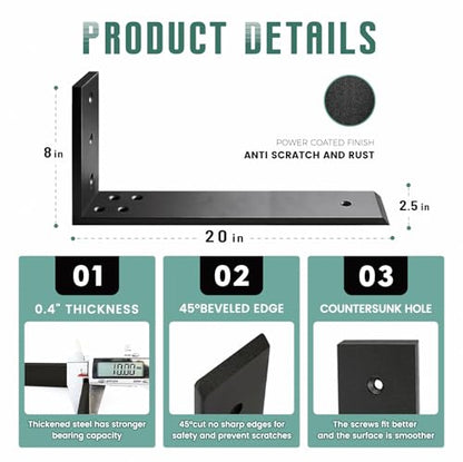 Countertop Support Brackets 4 Pack L Bracket Countertop Brackets 20" x 8" x 2.5" Heavy Duty 3/8" Thick Shelf Brackets Metal Corbels L Shape Bracket for Wood Shelf/Quartz/Granite/Concret Countertops - size: 20 Inch, style: Black-4 Pack