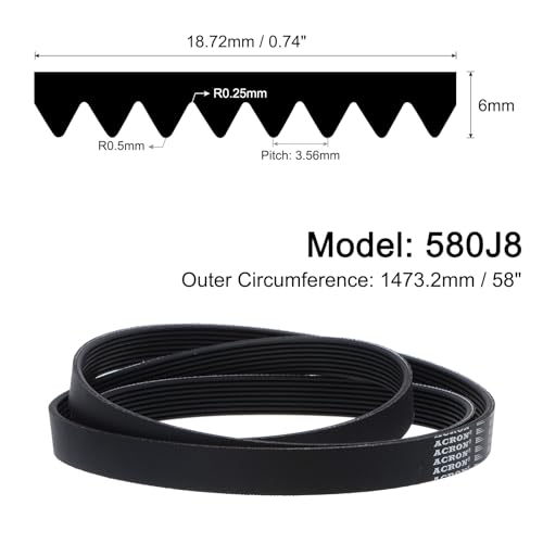 uxcell 580J8 PJ V-Ribbed Belt 8 Ribs 58" Length x 0.74" Width x 0.14" Thick, EPDM Poly V Belt, Industrial Transmission Serpentine Belt - size: 580J8