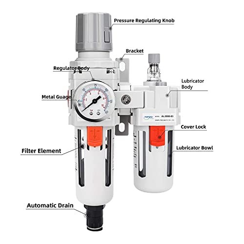 NANPU 3/8" NPT Air Filter Regulator Lubricator Combo, Water Separator - size: 3/8" NPT, style: Auto Drain, Metal Coupler & Plug