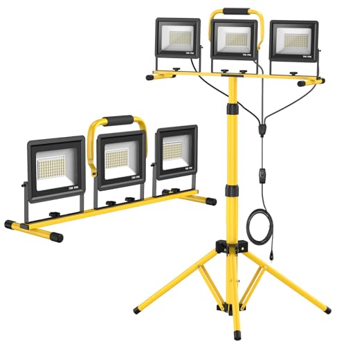 Upgraded LED Work Lights with Stand, 21000 Lumen, 3-Head Adjustable Work Light, Waterproof Foldable Tripod, Extended Cord for Outdoor & Indoor Job Sites, Workshops, Construction, Garage Lighting - style: 3 head yellow