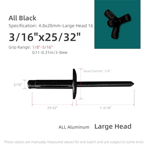 50Pcs Trifold Aluminum Exploding Blind Rivets, 3/16"x25/32" Large Head 5/8" - color: All Black, size: 3/16"x25/32" Large Head 5/8"