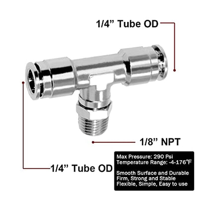 Beduan Push to Connect Tube Fitting Union Tee, Copper Nickle-Plated 1/4" Tube OD x 1/8" NPT Male Thread Shaped Union Adapter Fitting (Pack of 5) - size: 1/4"OD x 1/8"NPT