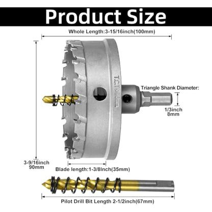 SALI 3-9/16"(90mm) TCT Hole Saw Kit Tungsten Carbide Tipped Hole Saw Drill Bit with Titanium-Plated Pilot Drill bit for Metal, Stainless Steel, Iron, Wood, Plastic - size: 3-9/16"